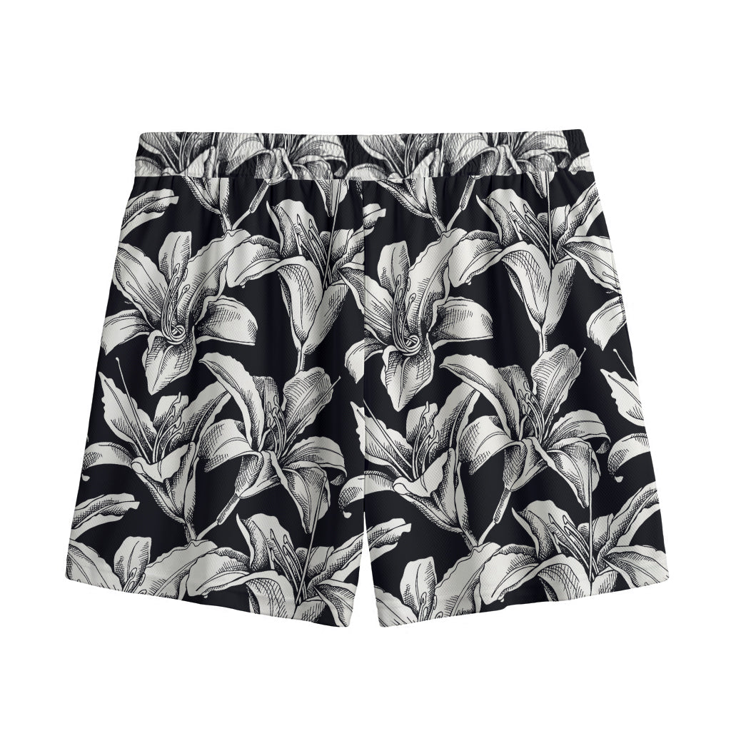 Black And White Lily Pattern Print Mesh Shorts