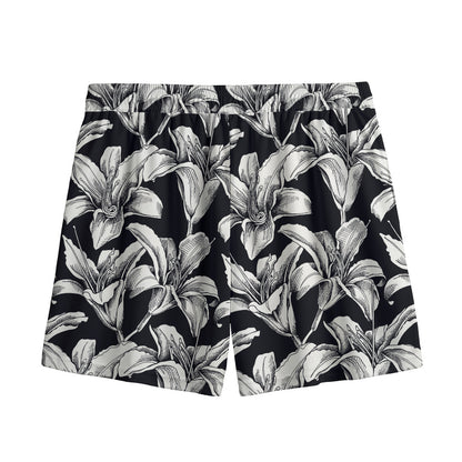 Black And White Lily Pattern Print Mesh Shorts