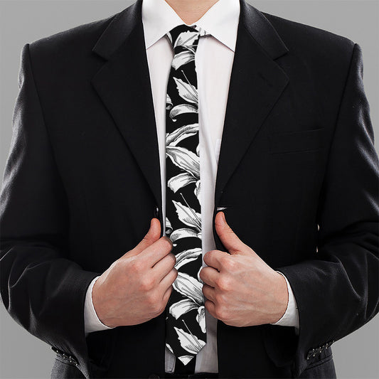 Black And White Lily Pattern Print Necktie