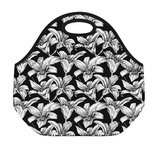Black And White Lily Pattern Print Neoprene Lunch Bag