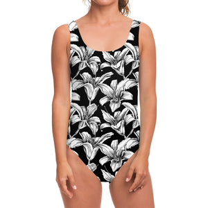 Black And White Lily Pattern Print One Piece Swimsuit