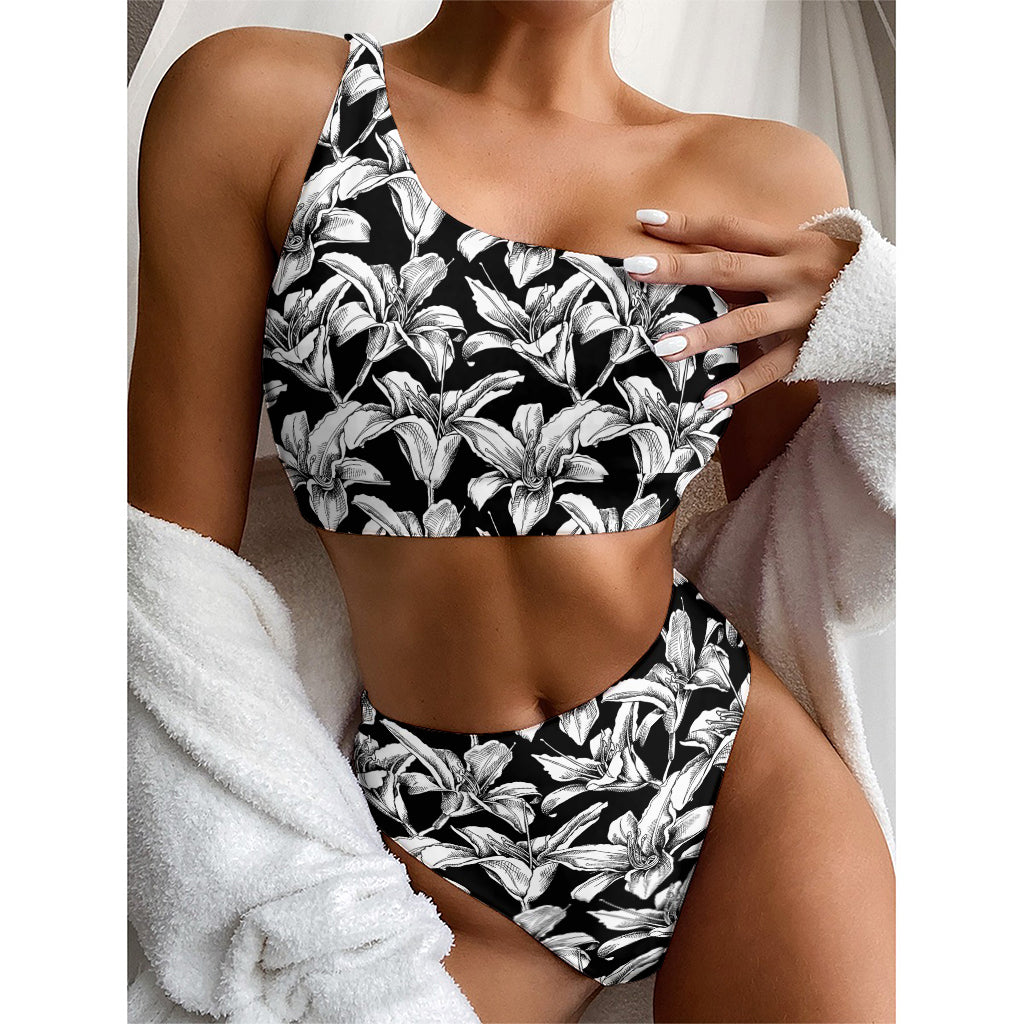 Black And White Lily Pattern Print One Shoulder Bikini Top