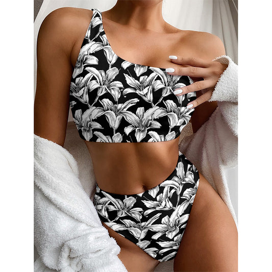 Black And White Lily Pattern Print One Shoulder Bikini Top