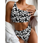 Black And White Lily Pattern Print One Shoulder Bikini Top