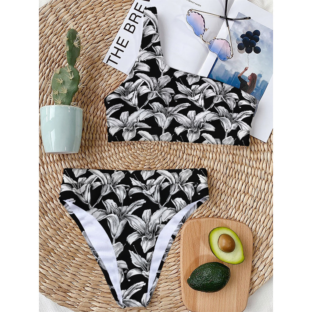 Black And White Lily Pattern Print One Shoulder Bikini Top