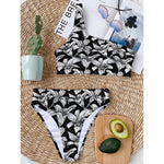 Black And White Lily Pattern Print One Shoulder Bikini Top