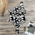 Black And White Lily Pattern Print One Shoulder Bodysuit
