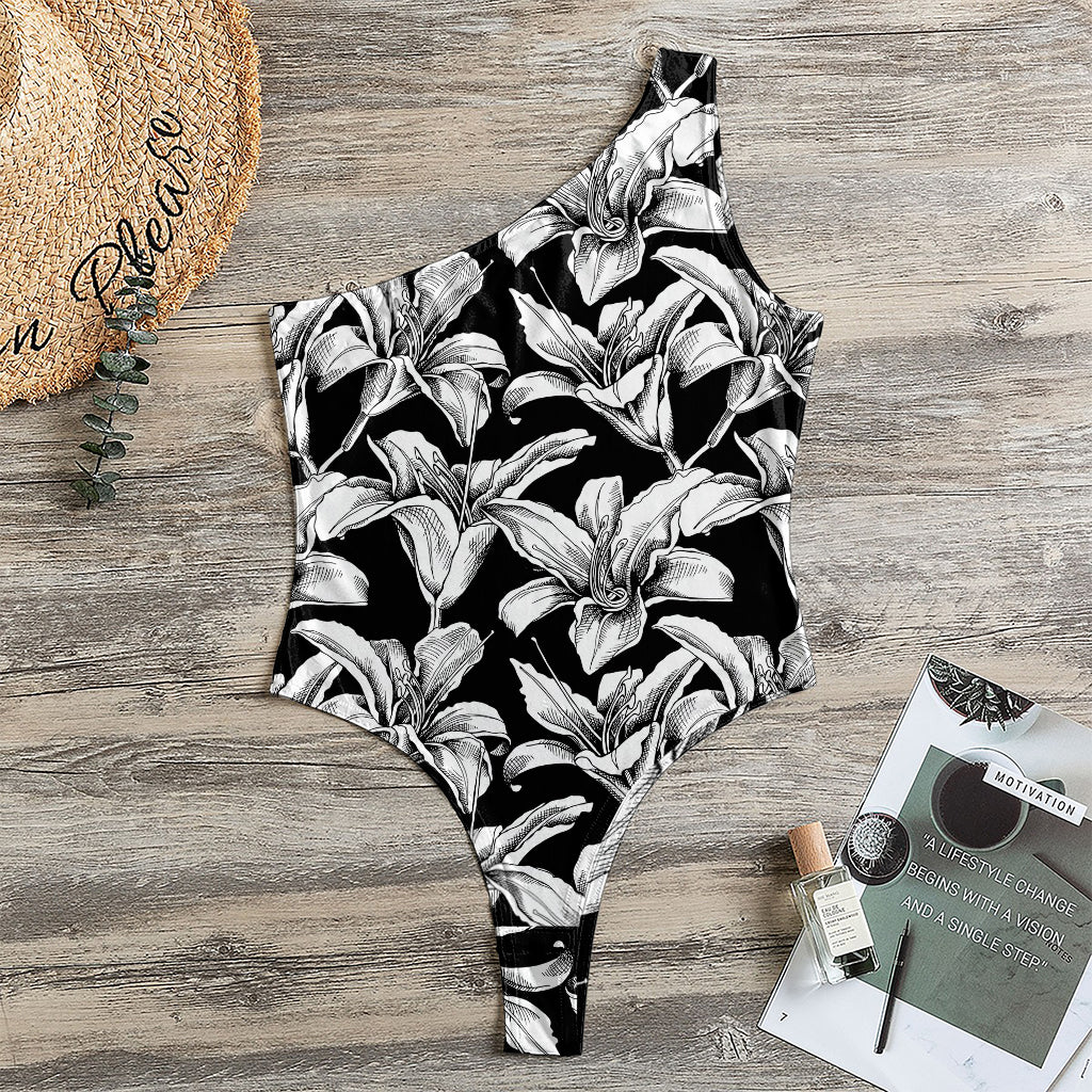 Black And White Lily Pattern Print One Shoulder Bodysuit