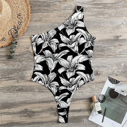 Black And White Lily Pattern Print One Shoulder Bodysuit