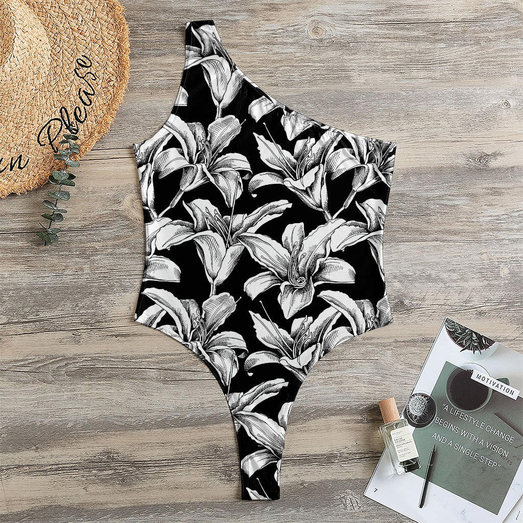 Black And White Lily Pattern Print One Shoulder Bodysuit