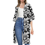 Black And White Lily Pattern Print Open Front Beach Cover Up