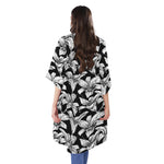 Black And White Lily Pattern Print Open Front Beach Cover Up