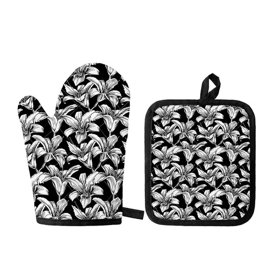 Black And White Lily Pattern Print Oven Mitt And Pot Holder Set