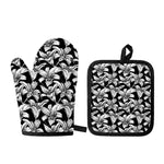 Black And White Lily Pattern Print Oven Mitt And Pot Holder Set
