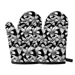 Black And White Lily Pattern Print Oven Mitts