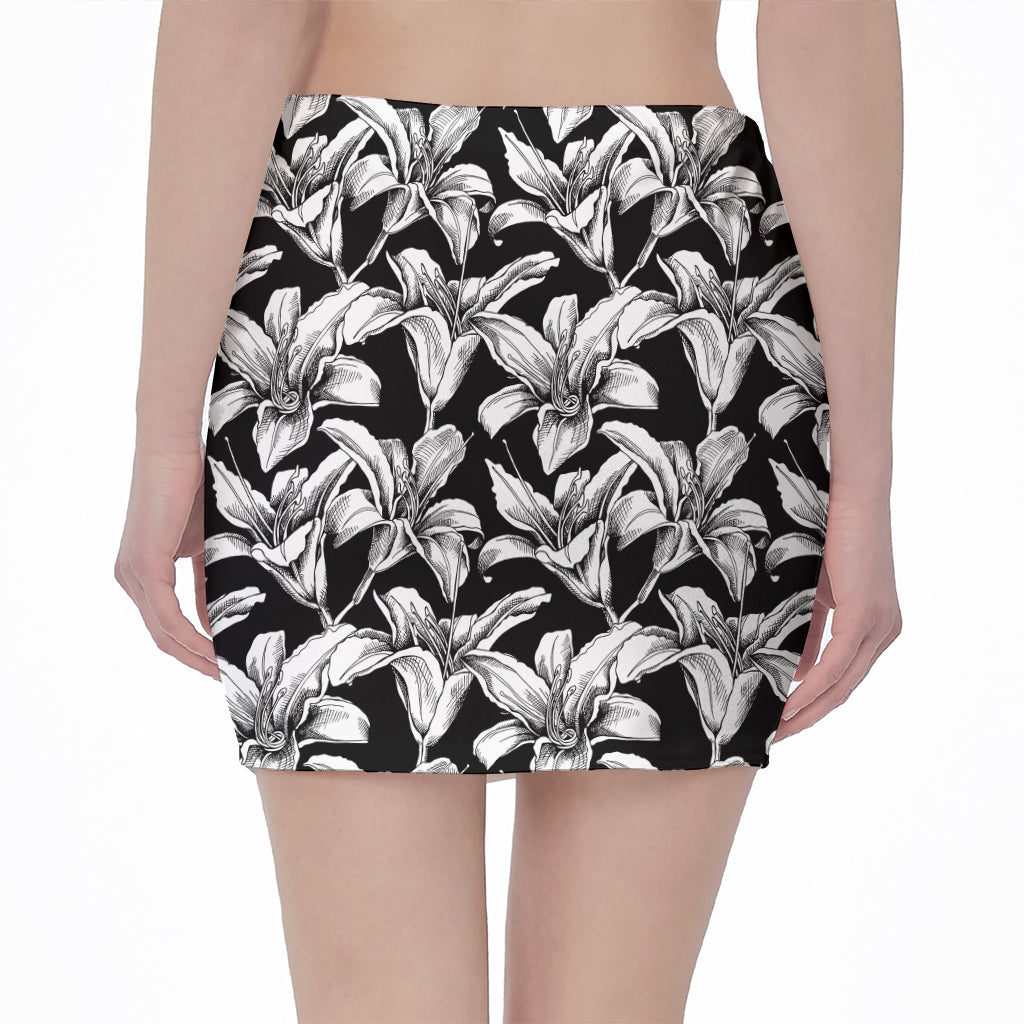 Black And White Lily Pattern Print Pencil Mini Skirt