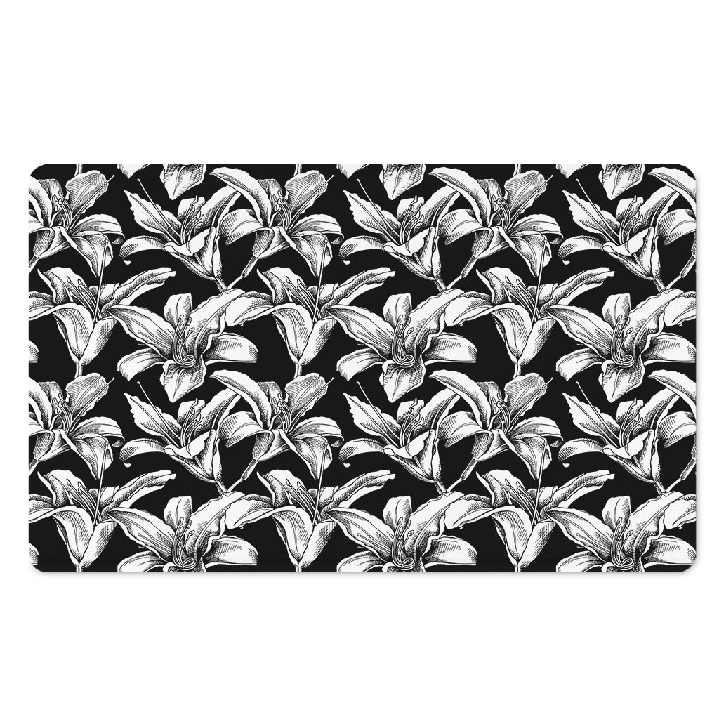 Black And White Lily Pattern Print Polyester Doormat