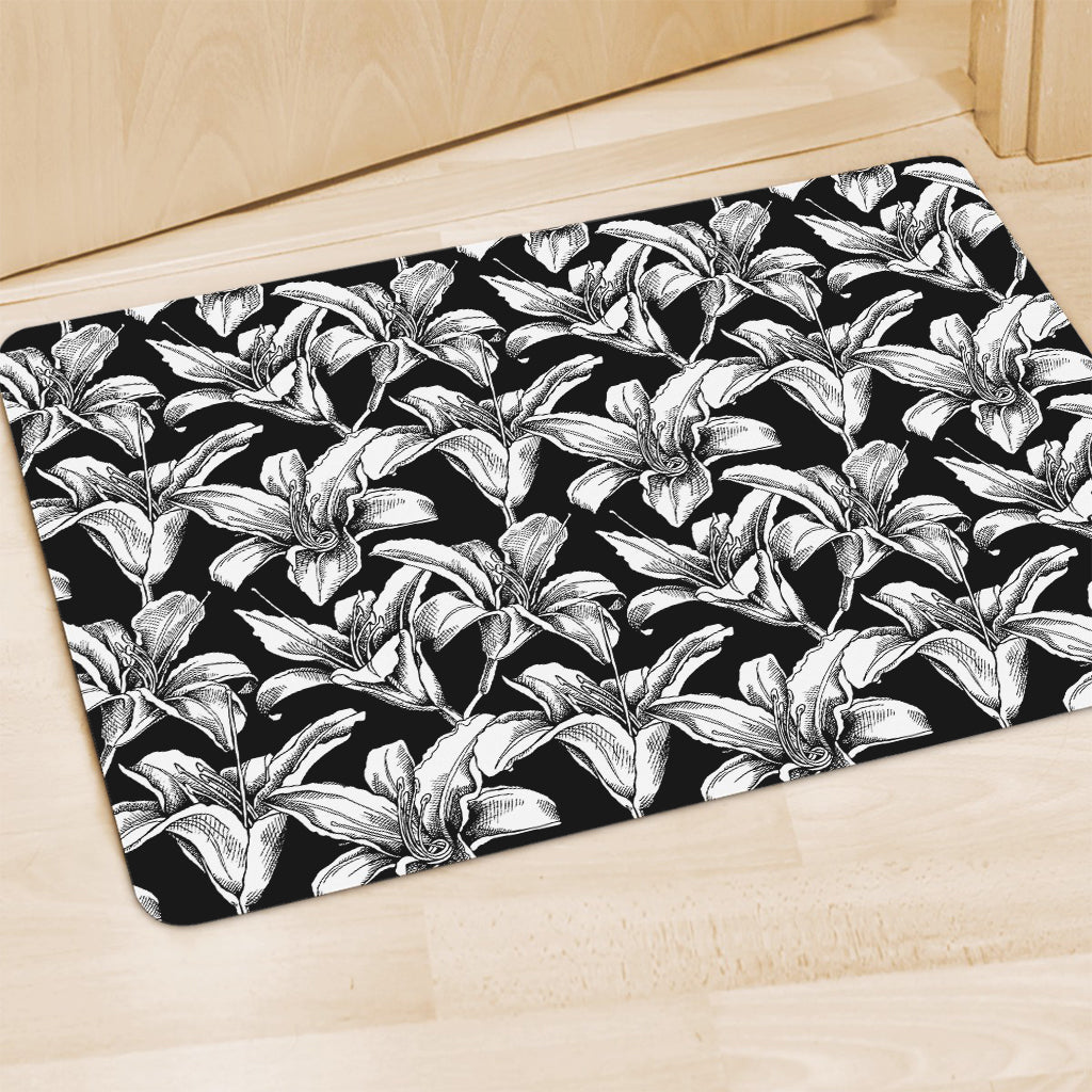 Black And White Lily Pattern Print Polyester Doormat