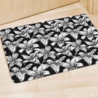 Black And White Lily Pattern Print Polyester Doormat
