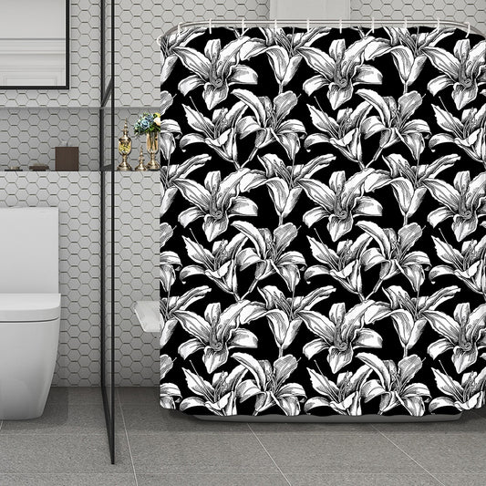 Black And White Lily Pattern Print Polyester Shower Curtain
