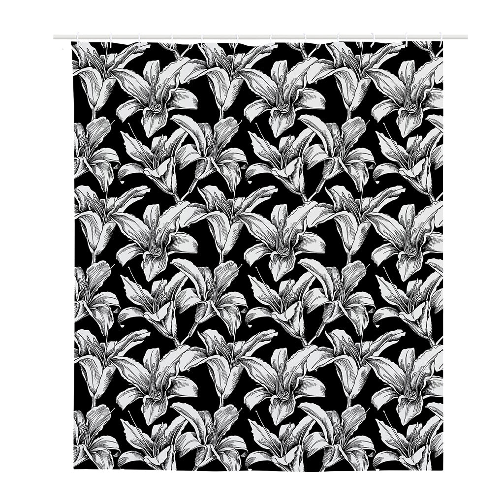 Black And White Lily Pattern Print Polyester Shower Curtain