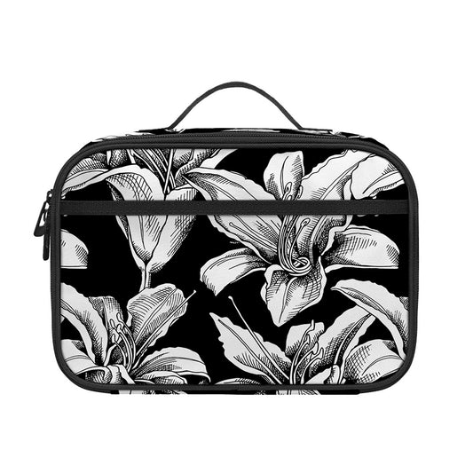 Black And White Lily Pattern Print Portable Lunch Bag
