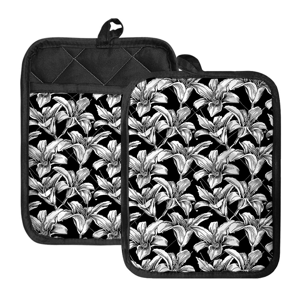 Black And White Lily Pattern Print Pot Holders With Pocket