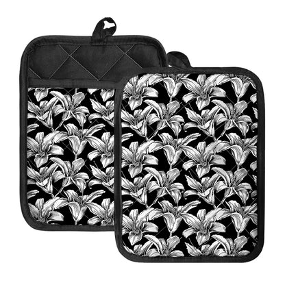 Black And White Lily Pattern Print Pot Holders With Pocket