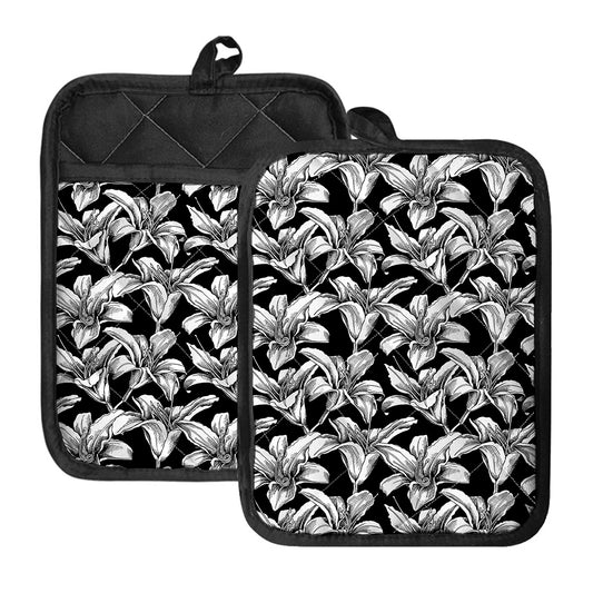 Black And White Lily Pattern Print Pot Holders With Pocket