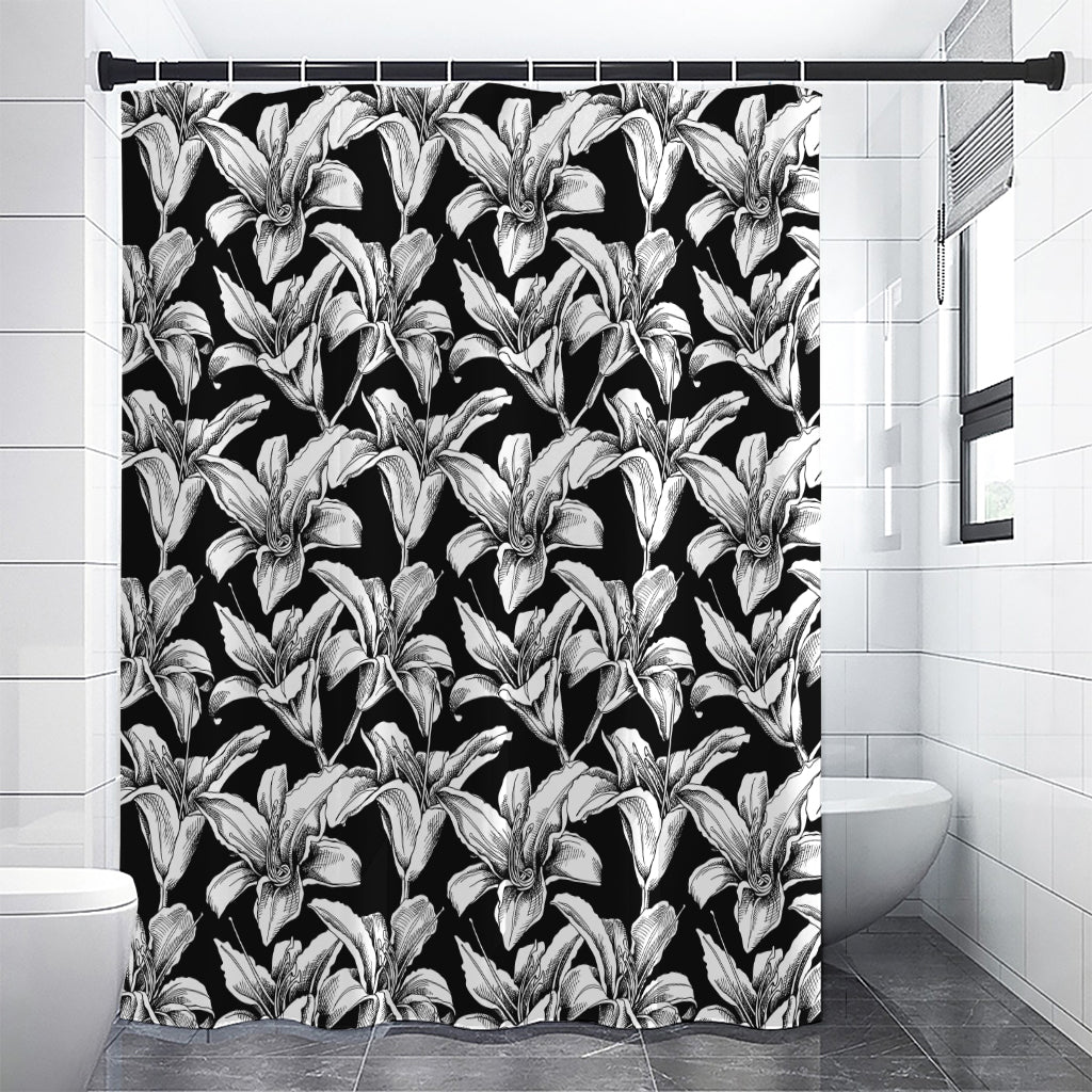 Black And White Lily Pattern Print Premium Shower Curtain