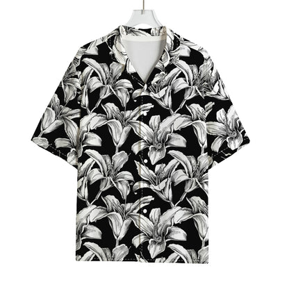 Black And White Lily Pattern Print Rayon Hawaiian Shirt