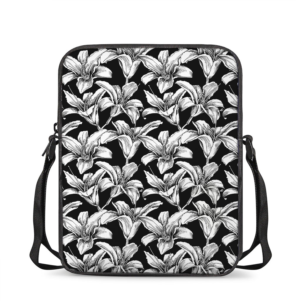 Black And White Lily Pattern Print Rectangular Crossbody Bag