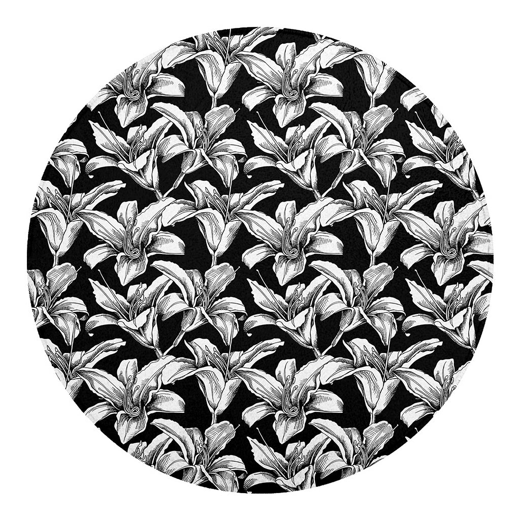 Black And White Lily Pattern Print Round Blanket