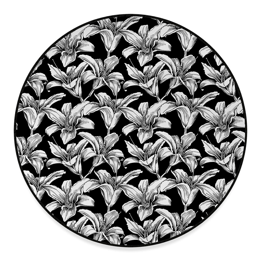 Black And White Lily Pattern Print Round Floor Mat