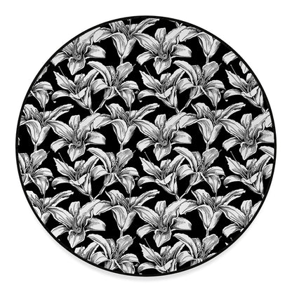 Black And White Lily Pattern Print Round Floor Mat