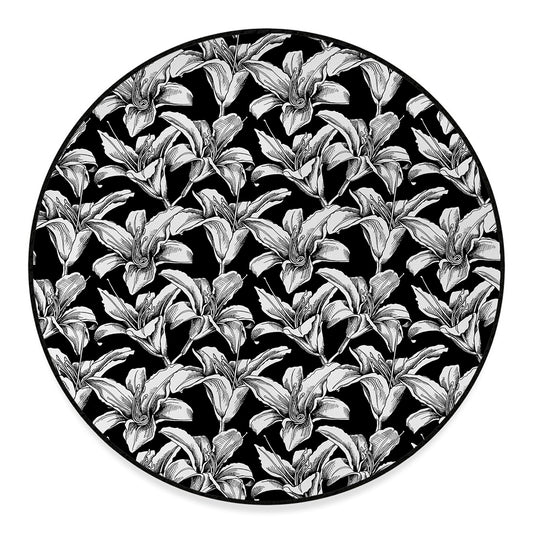 Black And White Lily Pattern Print Round Floor Mat