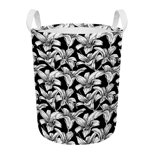 Black And White Lily Pattern Print Round Laundry Basket