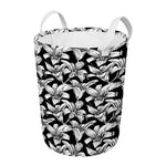 Black And White Lily Pattern Print Round Laundry Basket