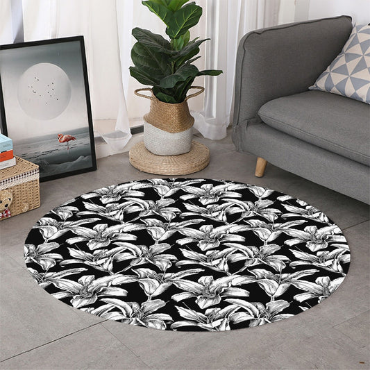 Black And White Lily Pattern Print Round Rug