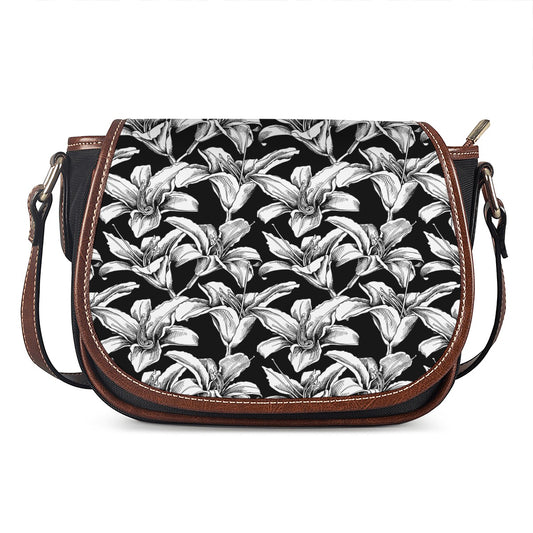 Black And White Lily Pattern Print Saddle Bag
