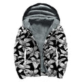 Black And White Lily Pattern Print Sherpa Lined Zip Up Hoodie