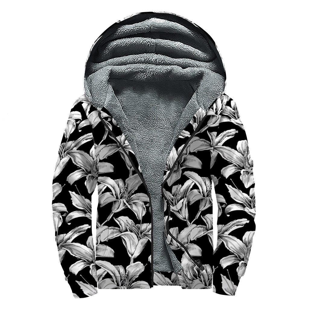 Black And White Lily Pattern Print Sherpa Lined Zip Up Hoodie
