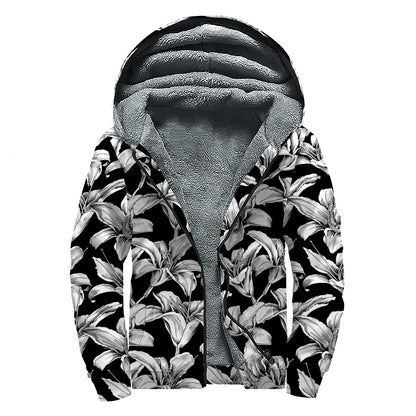 Black And White Lily Pattern Print Sherpa Lined Zip Up Hoodie