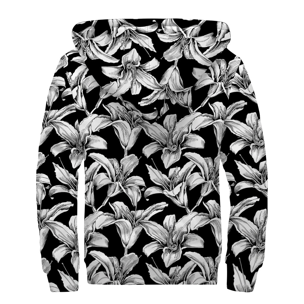 Black And White Lily Pattern Print Sherpa Lined Zip Up Hoodie