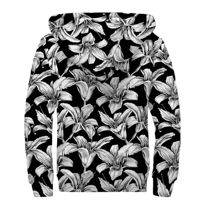 Black And White Lily Pattern Print Sherpa Lined Zip Up Hoodie
