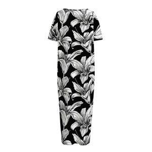 Black And White Lily Pattern Print Short Sleeve Long Nightdress