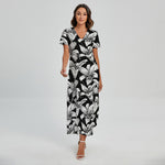 Black And White Lily Pattern Print Short Sleeve Maxi Dress