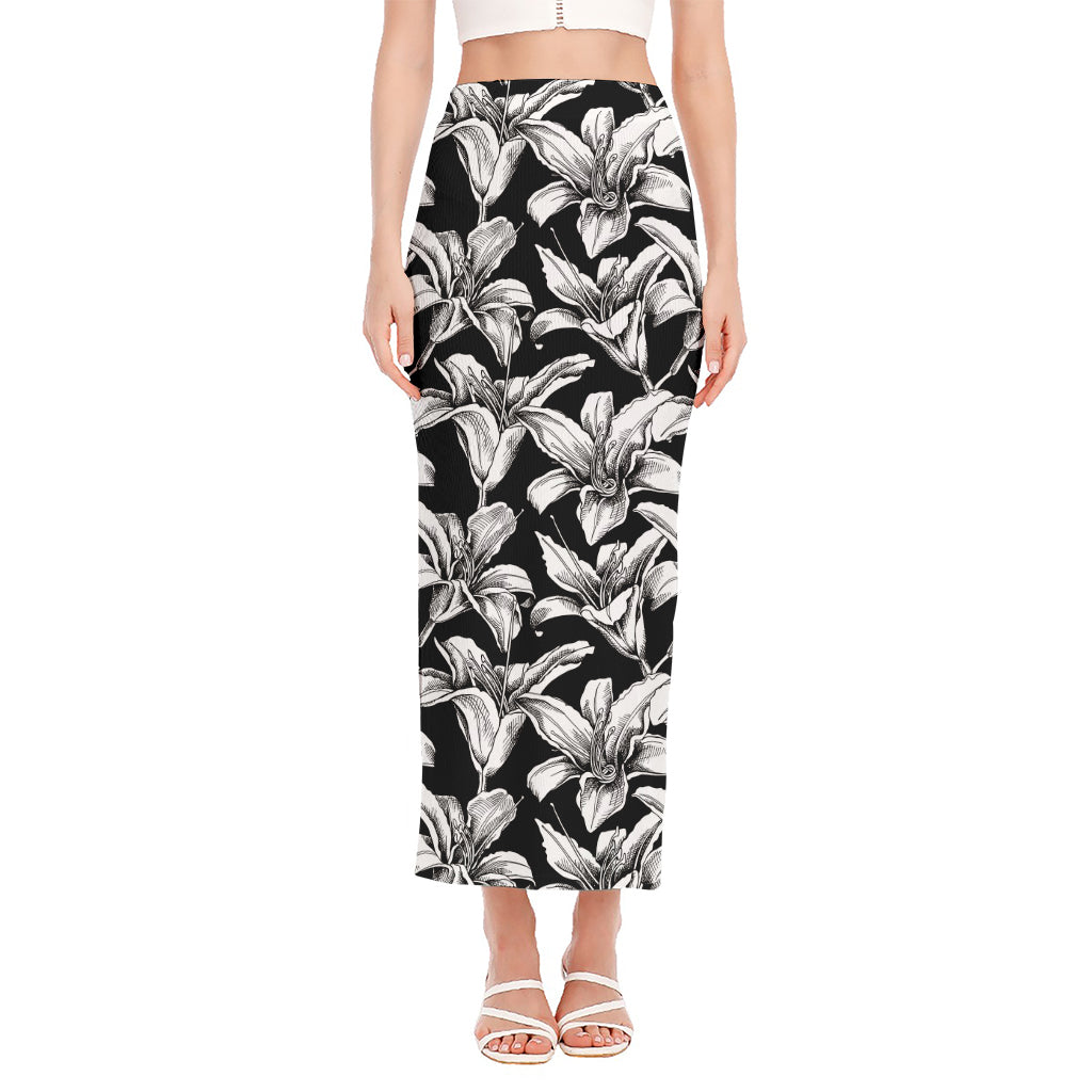 Black And White Lily Pattern Print Side Slit Maxi Skirt