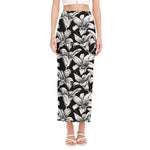 Black And White Lily Pattern Print Side Slit Maxi Skirt