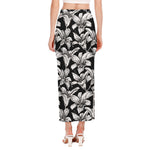 Black And White Lily Pattern Print Side Slit Maxi Skirt